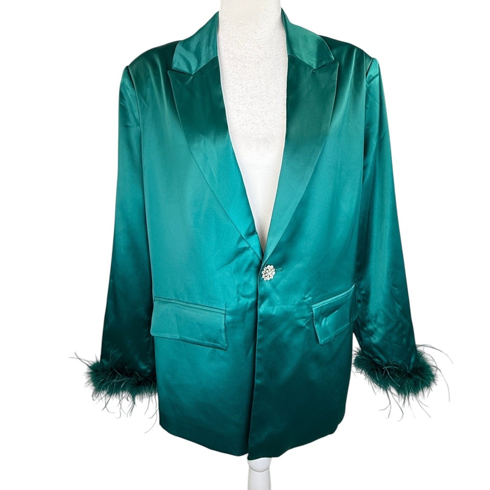 Sincerely Jules L Emerald Teal Satin Blazer Feather Cuffs Rhinestone Button
